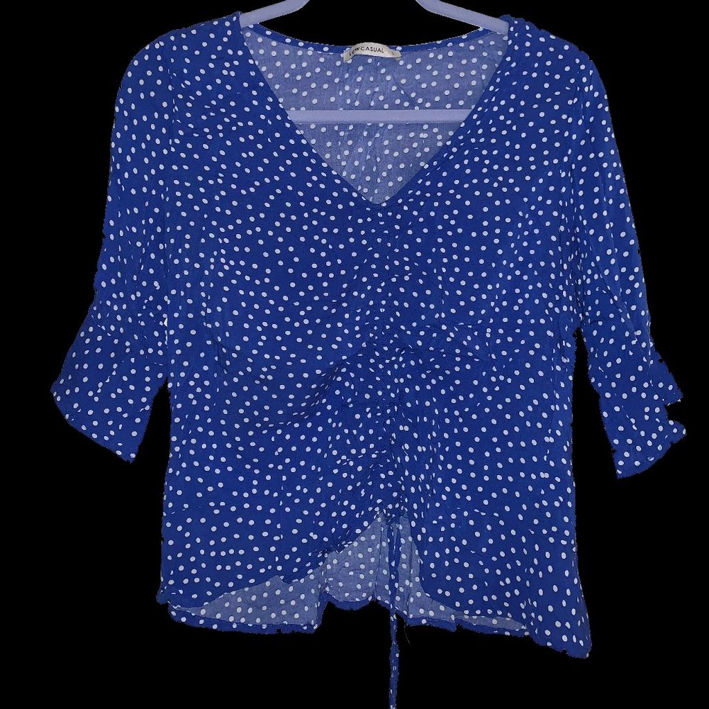 Silky Blue Polka Dot Drawstring Blouse